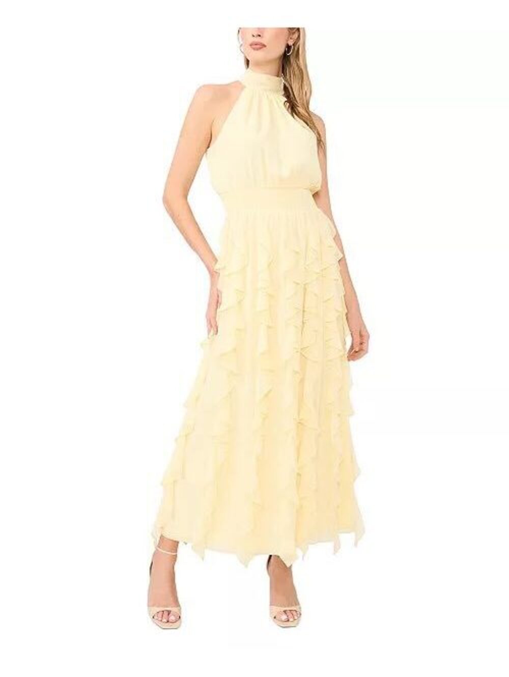 1.STATE Buttermilk Yellow Chiffon Ruffle Maxi Dress Halter Neck Size S NWT